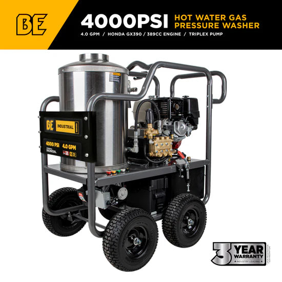 BE Power Equipment 4000 PSI Hot Water Pressure Washer 4.0 GPM Honda GX390 Engine Belt Driven Triplex Pump - HW4013HBG