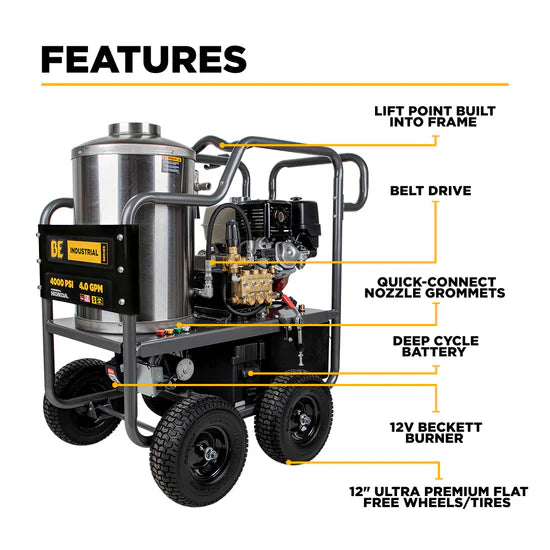 BE Power Equipment 4000 PSI Hot Water Pressure Washer 4.0 GPM Honda GX390 Engine Belt Driven Triplex Pump - HW4013HBG