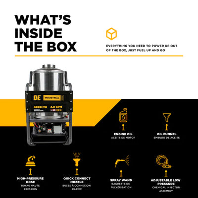 BE Power Equipment 4000 PSI Hot Water Pressure Washer 4.0 GPM Honda GX390 Engine Belt Driven Triplex Pump - HW4013HBG