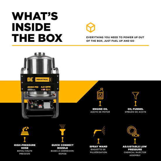 BE Power Equipment 4000 PSI Hot Water Pressure Washer 4.0 GPM Honda GX390 Engine Belt Driven Triplex Pump - HW4013HBG