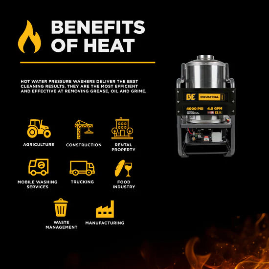 BE Power Equipment 4000 PSI Hot Water Pressure Washer 4.0 GPM Honda GX390 Engine Belt Driven Triplex Pump - HW4013HBG