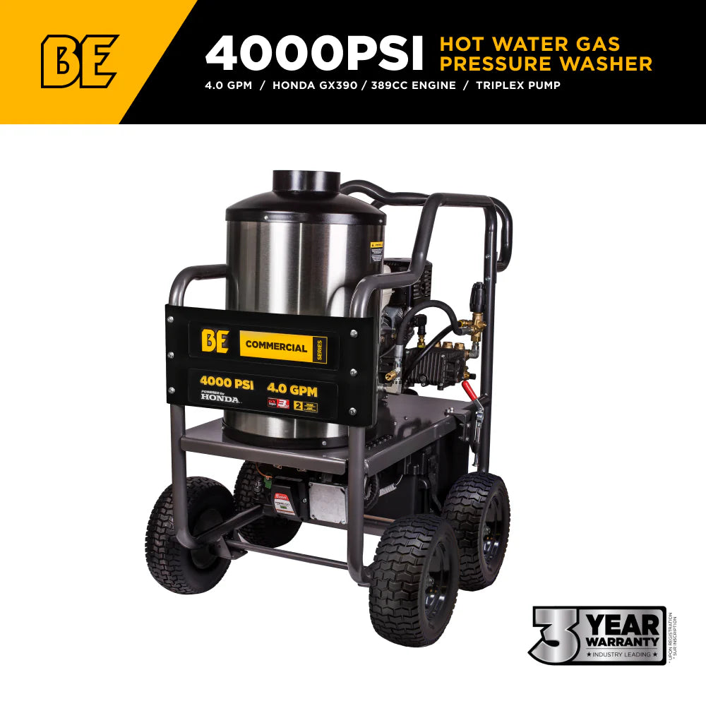 BE Power Equipment 4000 PSI Hot Water Pressure Washer 4.2 GPM Honda GX390 Engine Triplex Pump - HW4013HG