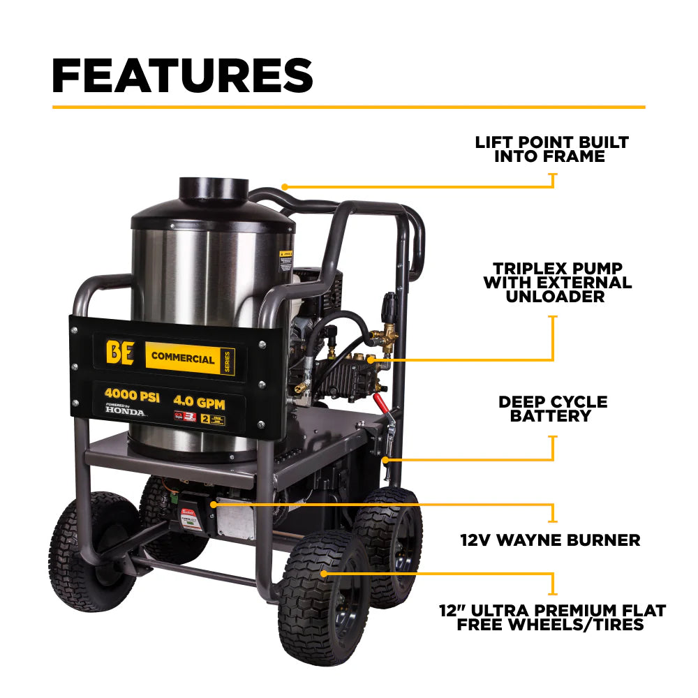 BE Power Equipment 4000 PSI Hot Water Pressure Washer 4.2 GPM Honda GX390 Engine Triplex Pump - HW4013HG