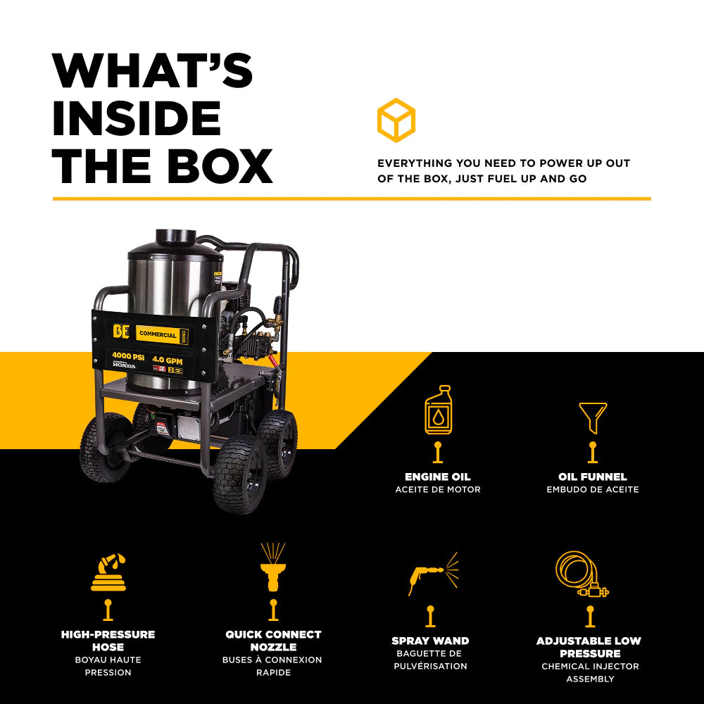 BE Power Equipment 4000 PSI Hot Water Pressure Washer 4.2 GPM Honda GX390 Engine Triplex Pump - HW4013HG