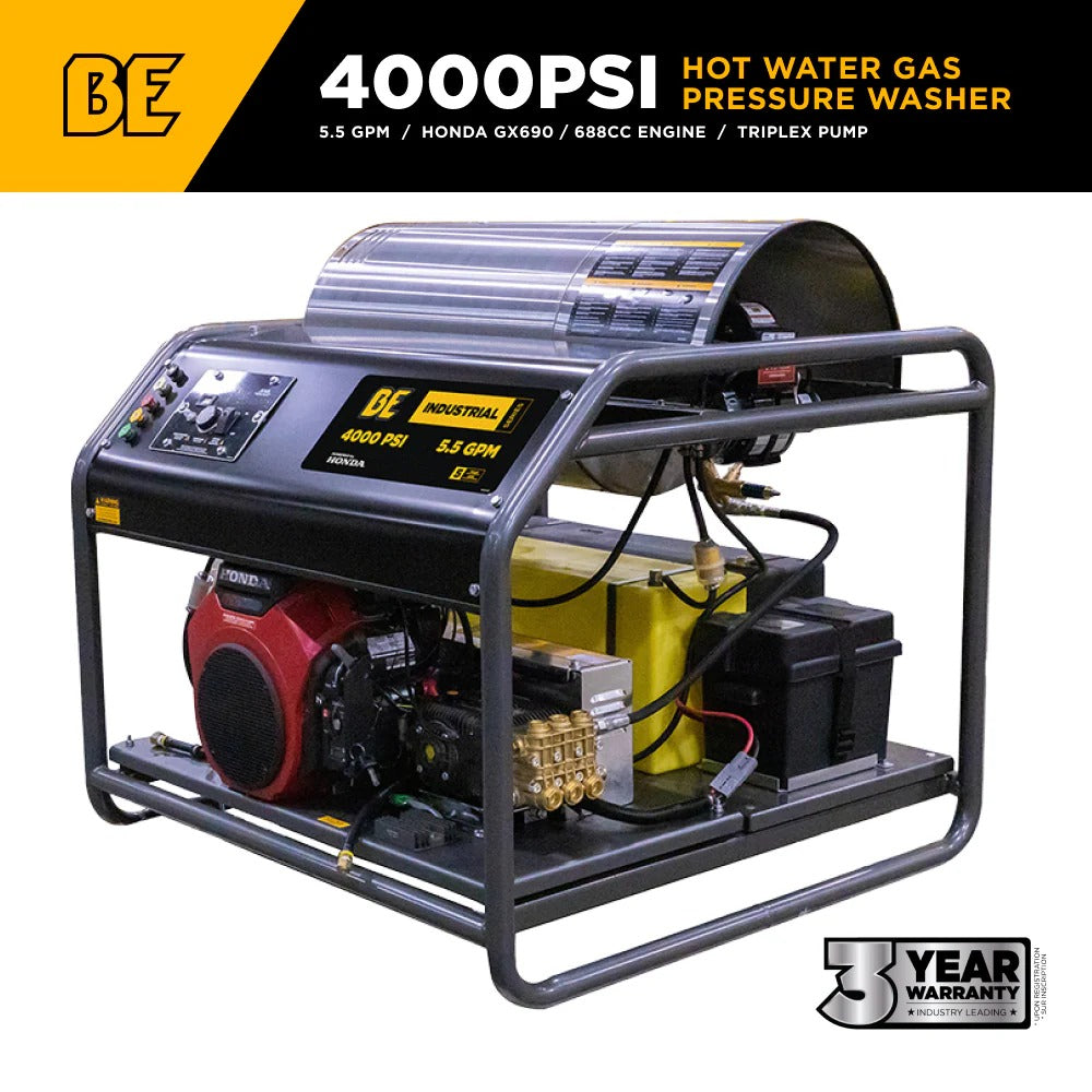 BE Power Equipment Hot Water Pressure Washer 4000 PSI 5.5 GPM Honda GX690 Engine CP Triplex Pump - HW4024HA12V