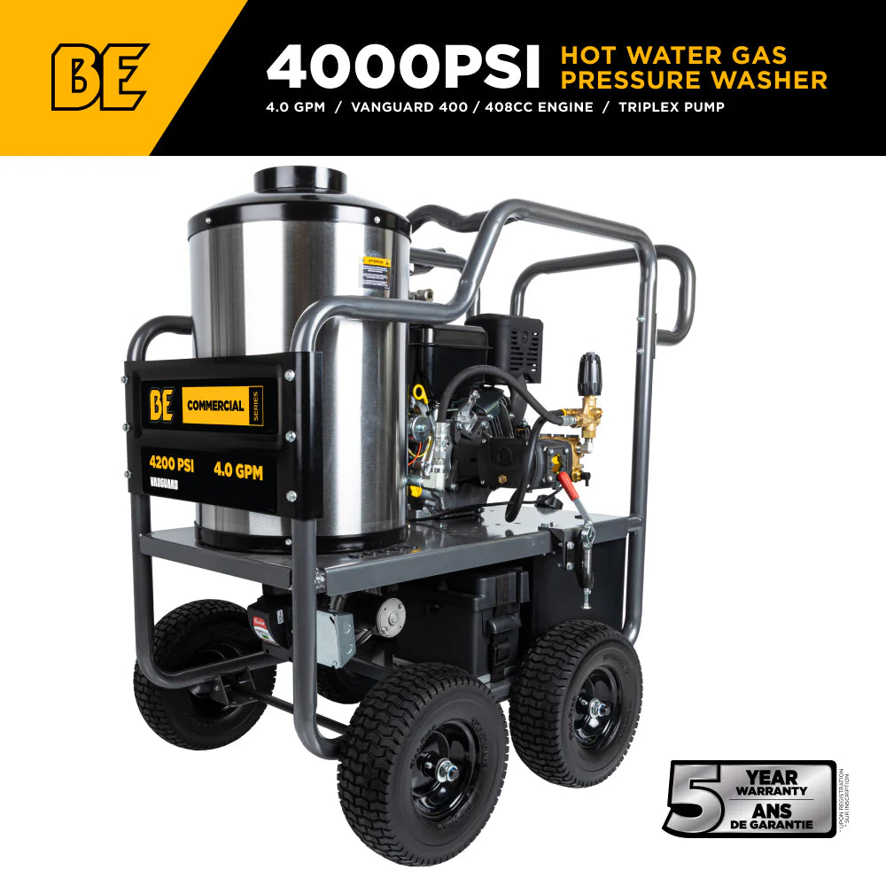 BE Power Equipment 4200 PSI Hot Water Pressure Washer 4.0 GPM Vanguard 400 Engine AR Triplex Pump - HW4214VA