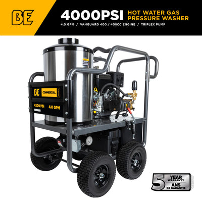 BE Power Equipment 4200 PSI Hot Water Pressure Washer 4.0 GPM Vanguard 400 Engine AR Triplex Pump - HW4214VA