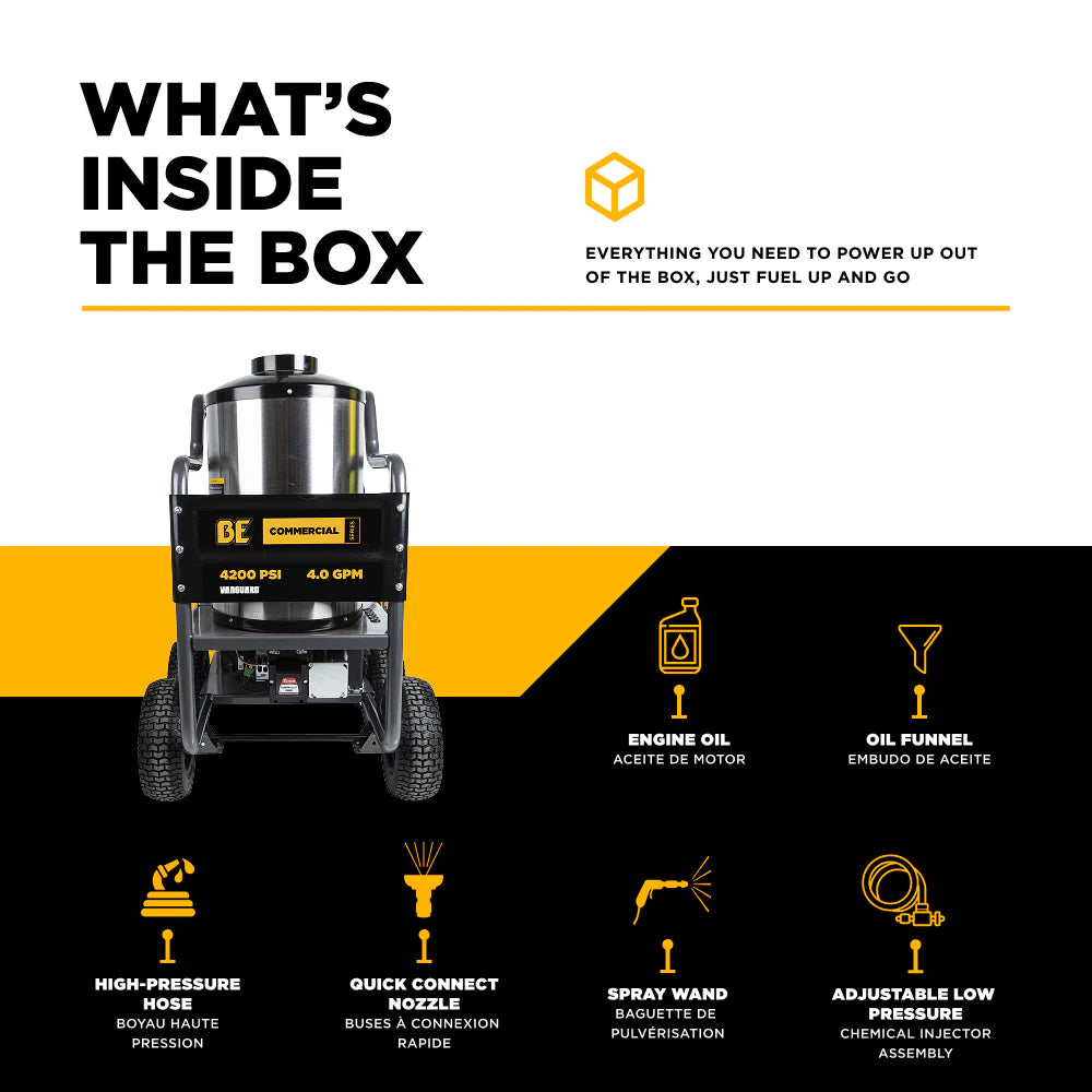 BE Power Equipment 4200 PSI Hot Water Pressure Washer 4.0 GPM Vanguard 400 Engine AR Triplex Pump - HW4214VA