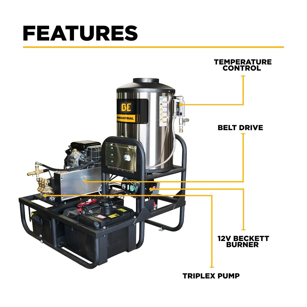BE Power Equipment Hot Water Pressure Washer Skid 3500 PSI 5.2 GPM General Triplex Pump - Z5535GPBDH
