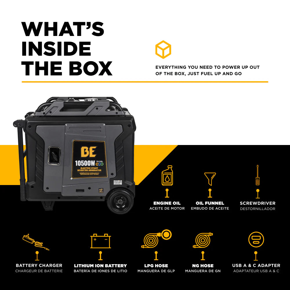 BE Power Equipment Tri-Fuel Digital Inverter Generator 10500W - BE10500IT