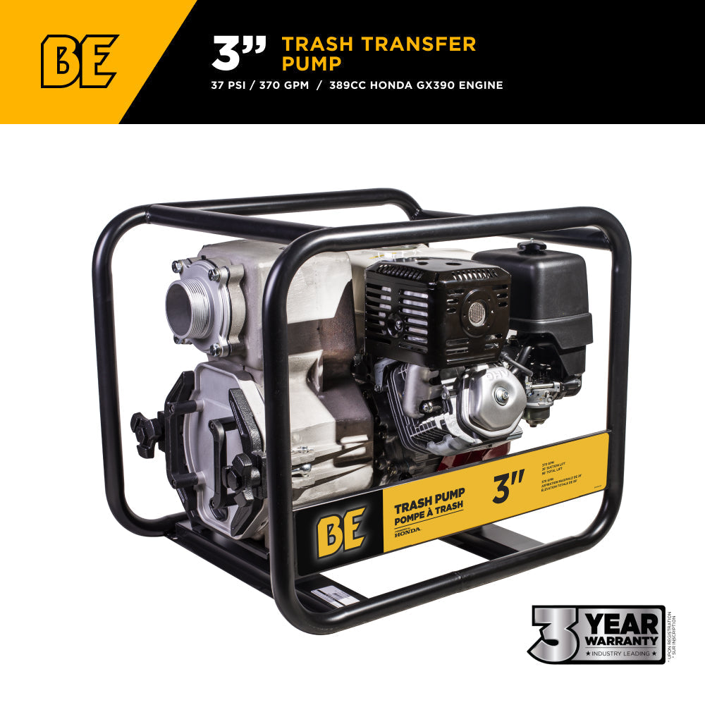 BE Power Equipment 3 Inch Trash Pump with Honda GX390 Engine, 370 GPM and 1 Inch Solids Handling - TP-3013HM - view 2