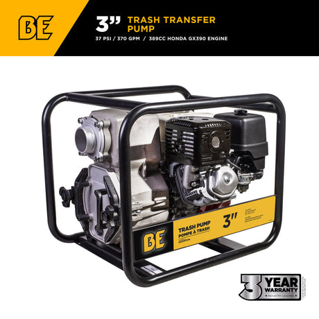 BE Power Equipment 3 Inch Trash Pump with Honda GX390 Engine, 370 GPM and 1 Inch Solids Handling - TP-3013HM - view 2