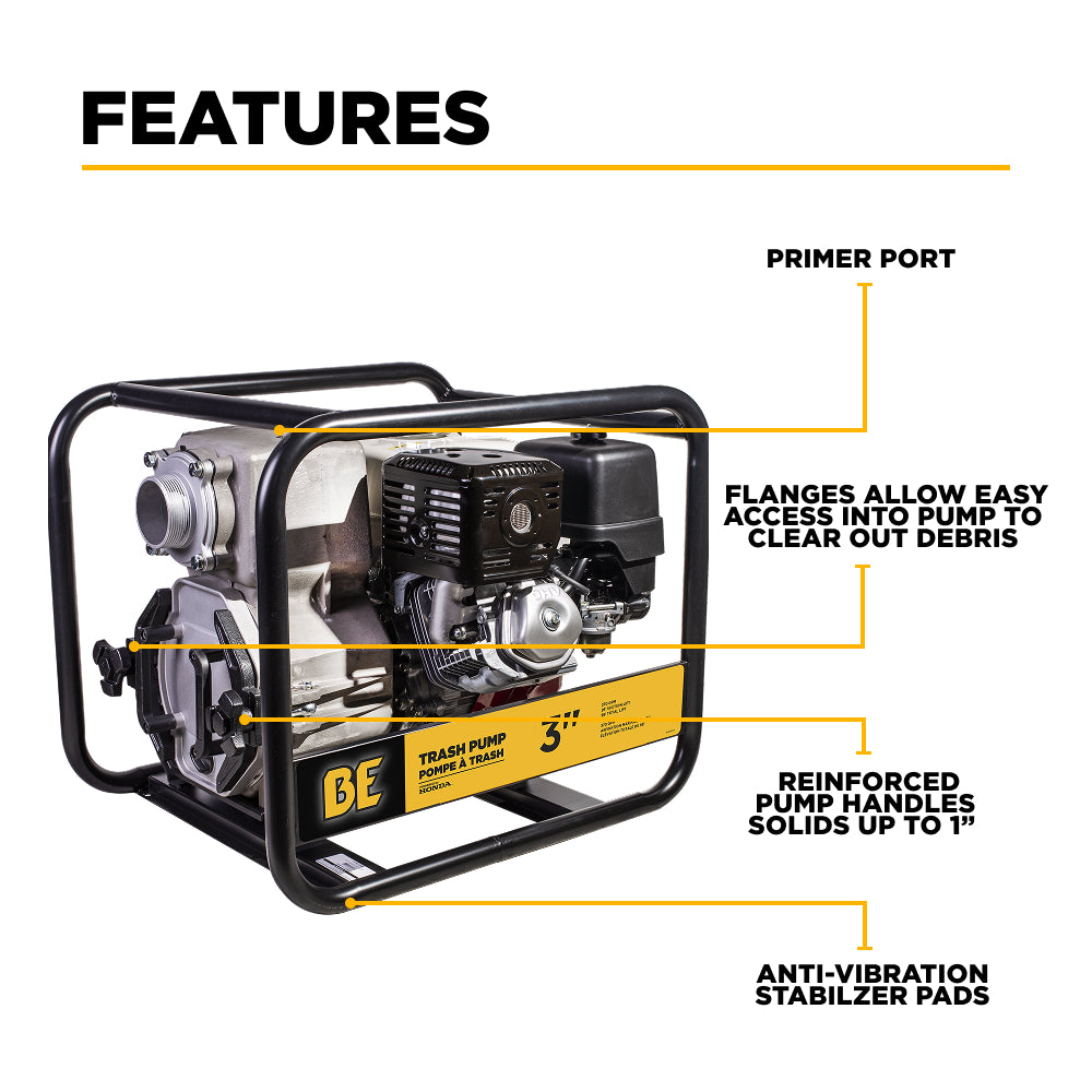 BE Power Equipment 3 Inch Trash Pump with Honda GX390 Engine, 370 GPM and 1 Inch Solids Handling - TP-3013HM - view 3
