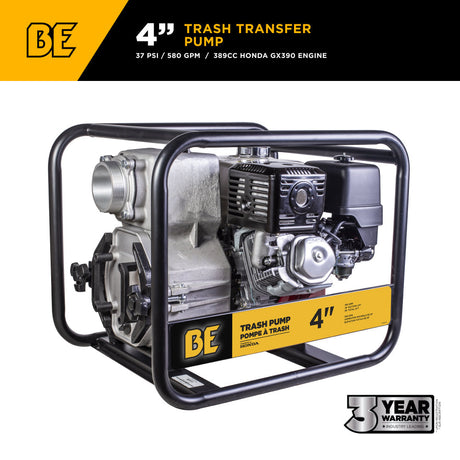 BE Power Equipment 4 Inch Trash Pump with Honda GX390 Engine, 580 GPM and 1 Inch Solids Handling - TP-4013HM - view 2