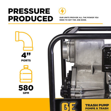 BE Power Equipment 4 Inch Trash Pump with Honda GX390 Engine, 580 GPM and 1 Inch Solids Handling - TP-4013HM - view 4