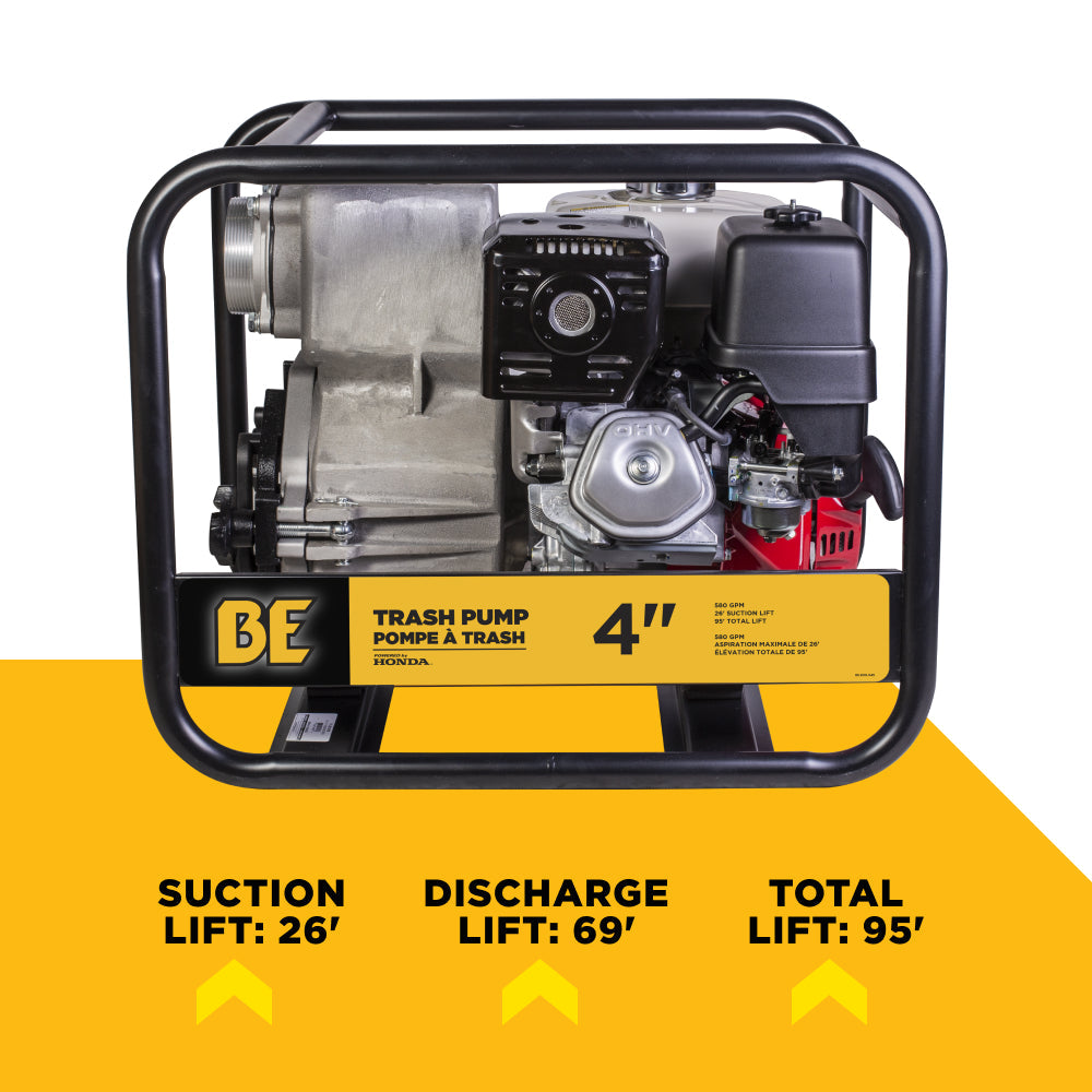 BE Power Equipment 4 Inch Trash Pump with Honda GX390 Engine, 580 GPM and 1 Inch Solids Handling - TP-4013HM - view 6