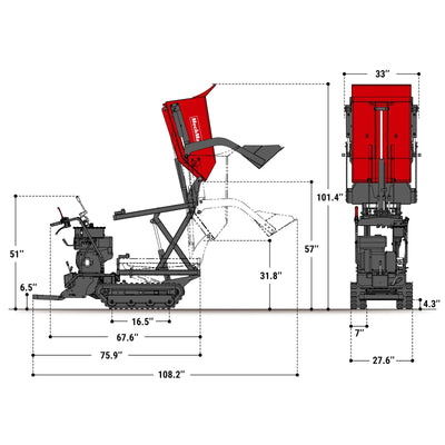 MechMaxx 1100 lb Tracked Dumper with 10HP 302cc Gas Engine, Hydraulic Tipping and Front Shovel, Model D50HTFL
