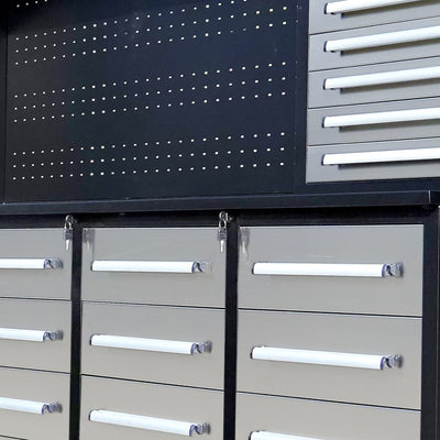 Chery Industrial Workbench Cabinet with 30 Drawers, 2 Cabinets, and Pegboard 10ft - WW000220