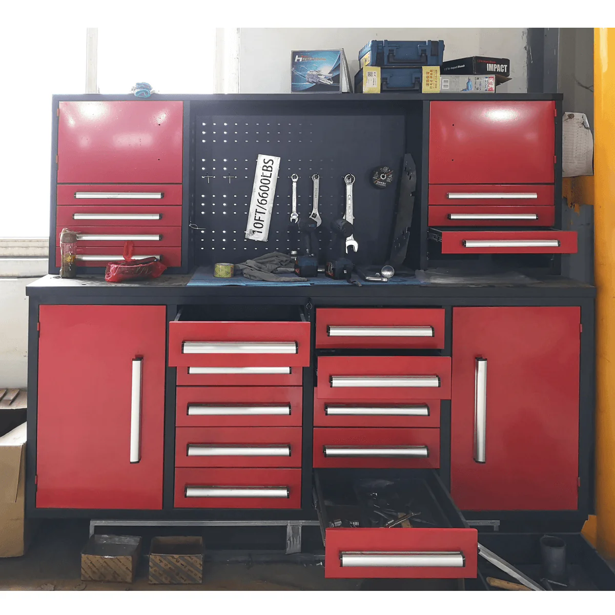 Chery Industrial 7 ft Garage Workbench Cabinet (18 Drawers & 4 Cabinets & Pegboard) - WW000204