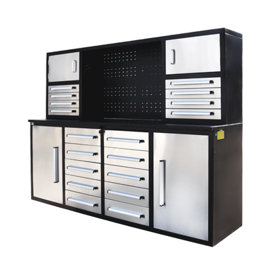 Chery Industrial 7 ft Garage Workbench Cabinet (18 Drawers & 4 Cabinets & Pegboard) - WW000204
