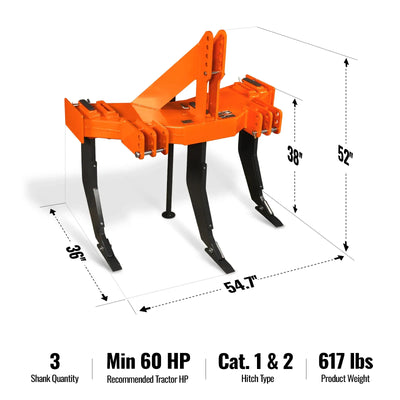 MechMaxx Heavy Duty 3-Shank Subsoiler Plow, 3-Point Hitch Cat 1 & 2, Model SS3S