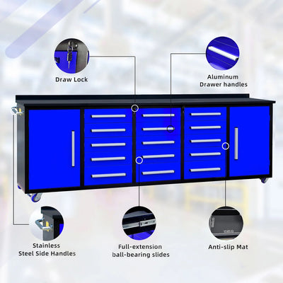 Chery Industrial 15-Drawer Storage Workbench with Wheels 10FT - SUIWB10152BLAC