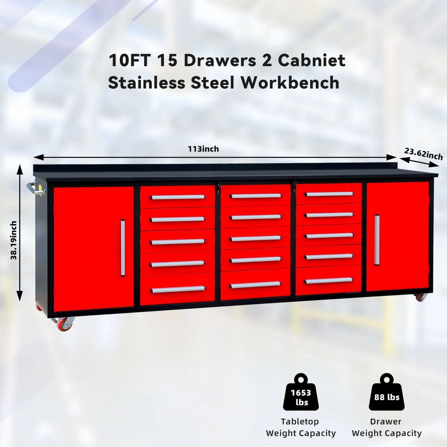 Chery Industrial 15-Drawer Storage Workbench with Wheels 10FT - SUIWB10152BLAC