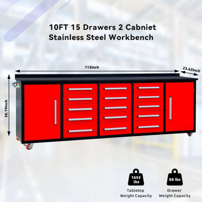 Chery Industrial 15-Drawer Storage Workbench with Wheels 10FT - SUIWB10152BLAC
