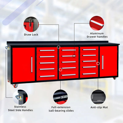 Chery Industrial 15-Drawer Storage Workbench with Wheels 10FT - SUIWB10152BLAC