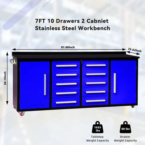 Chery Industrial 7ft 10-drawer Storage Workbench with Wheels - SUIWB07102RDAC