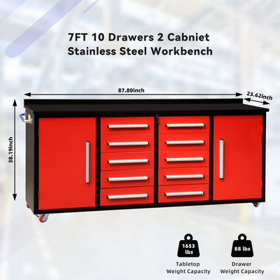 Chery Industrial 7ft 10-drawer Storage Workbench with Wheels - SUIWB07102RDAC