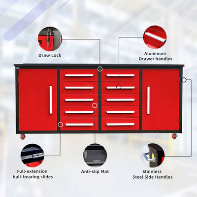 Chery Industrial 7ft 10-drawer Storage Workbench with Wheels - SUIWB07102RDAC