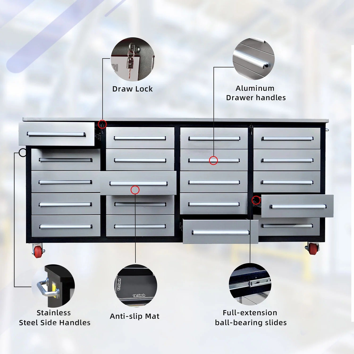 Chery Industrial 7ft 20-Drawer Storage Workbench with Wheels - SUIWB0720RDAC