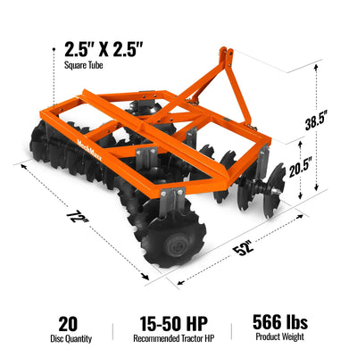 MechMaxx 72" Tractor Notched Disc Harrow, 3-Point Hitch, Model DH72