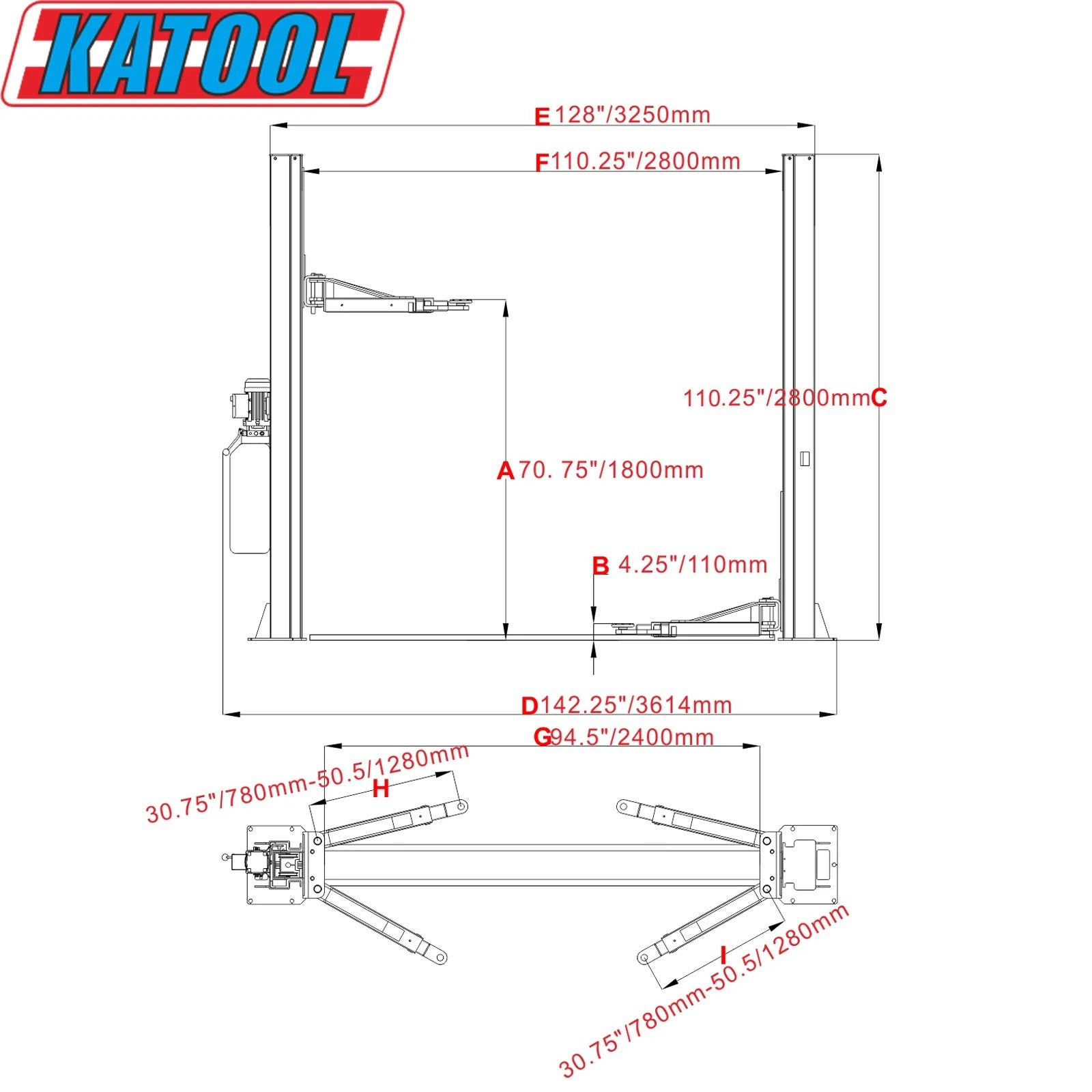 Katool KT-H100 10,000 lb Symmetric 2-Post Car Lift