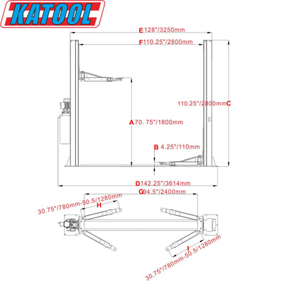 Katool KT-H100 10,000 lb Symmetric 2-Post Car Lift
