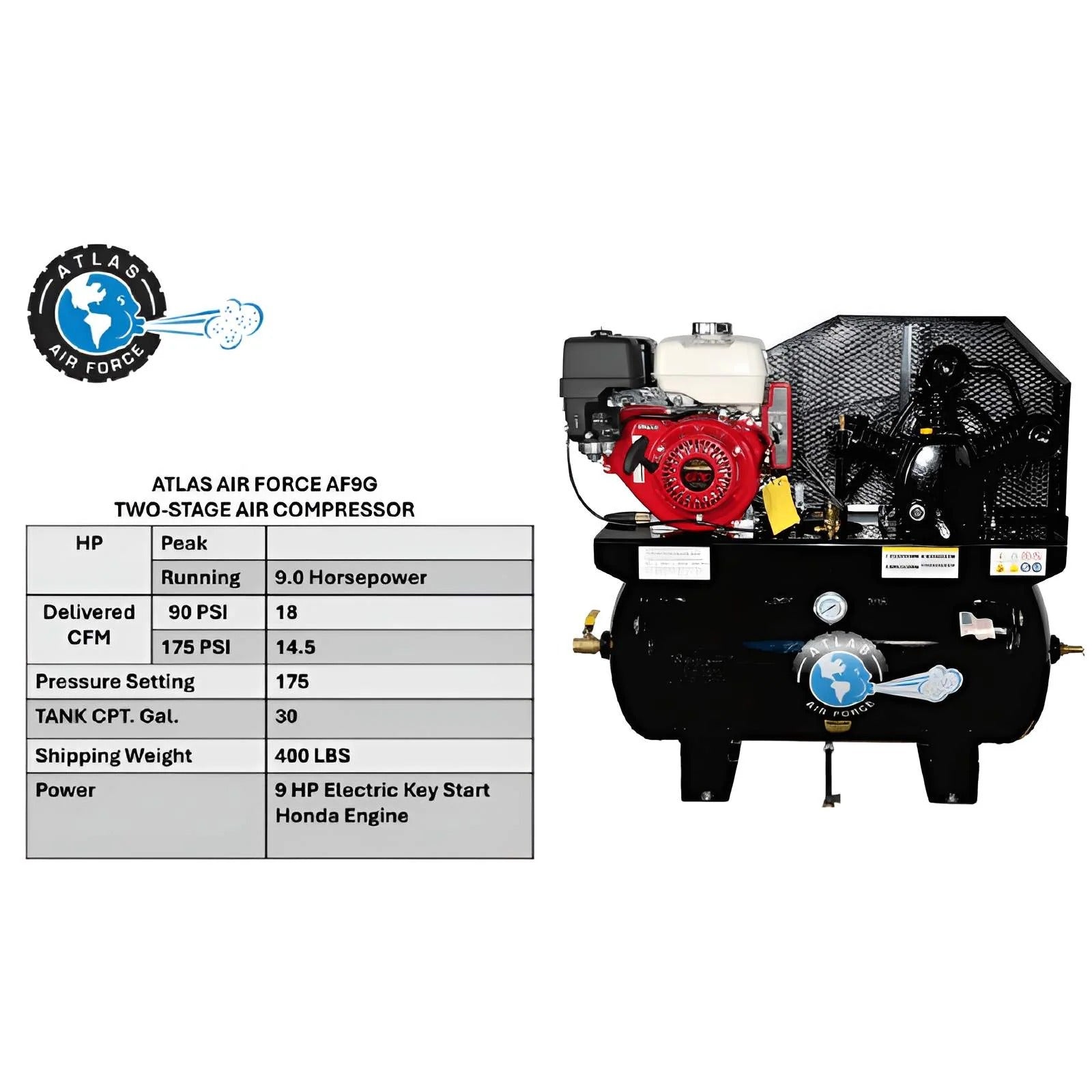 Atlas Air Force AF9G 9HP Gas-Powered Air Compressor with 30-Gallon Tank