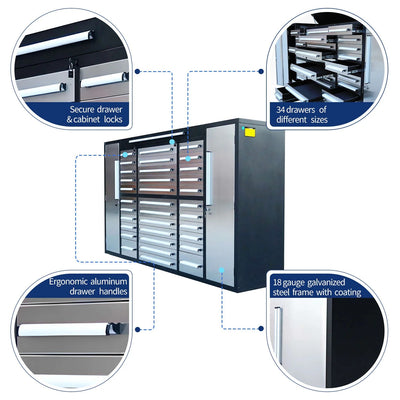 Chery Industrial 9 ft Garage Storage Cabinet with 34 Drawers & 2 Cabinets - WW000219