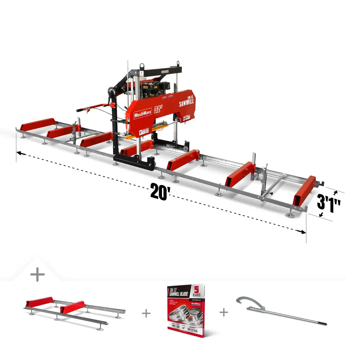 MechMaxx 32" Portable Sawmill with 15HP 459cc Engine, 26.5" Board Width, 20' Track Length with Extension and 5 Blades Included, Model SM-32