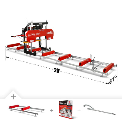 MechMaxx 32" Portable Sawmill with KOHLER CH440 Engine, 20' Track Length with Extension and 5 Blades Included, Model SM-32