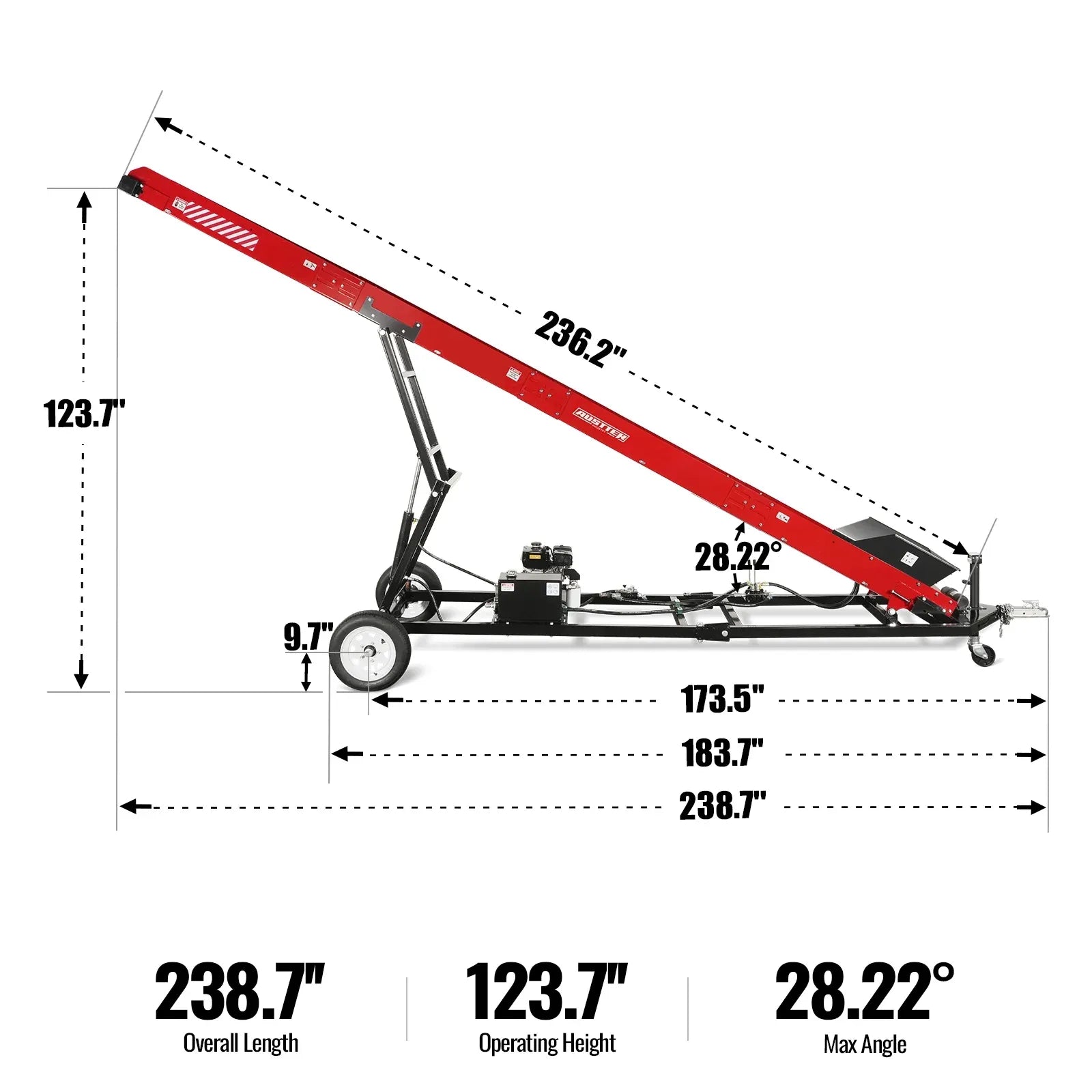 MechMaxx Firewood Conveyor with 7HP 212cc Engine, 124" Max Lift Height, 236" Length, Model HC2016