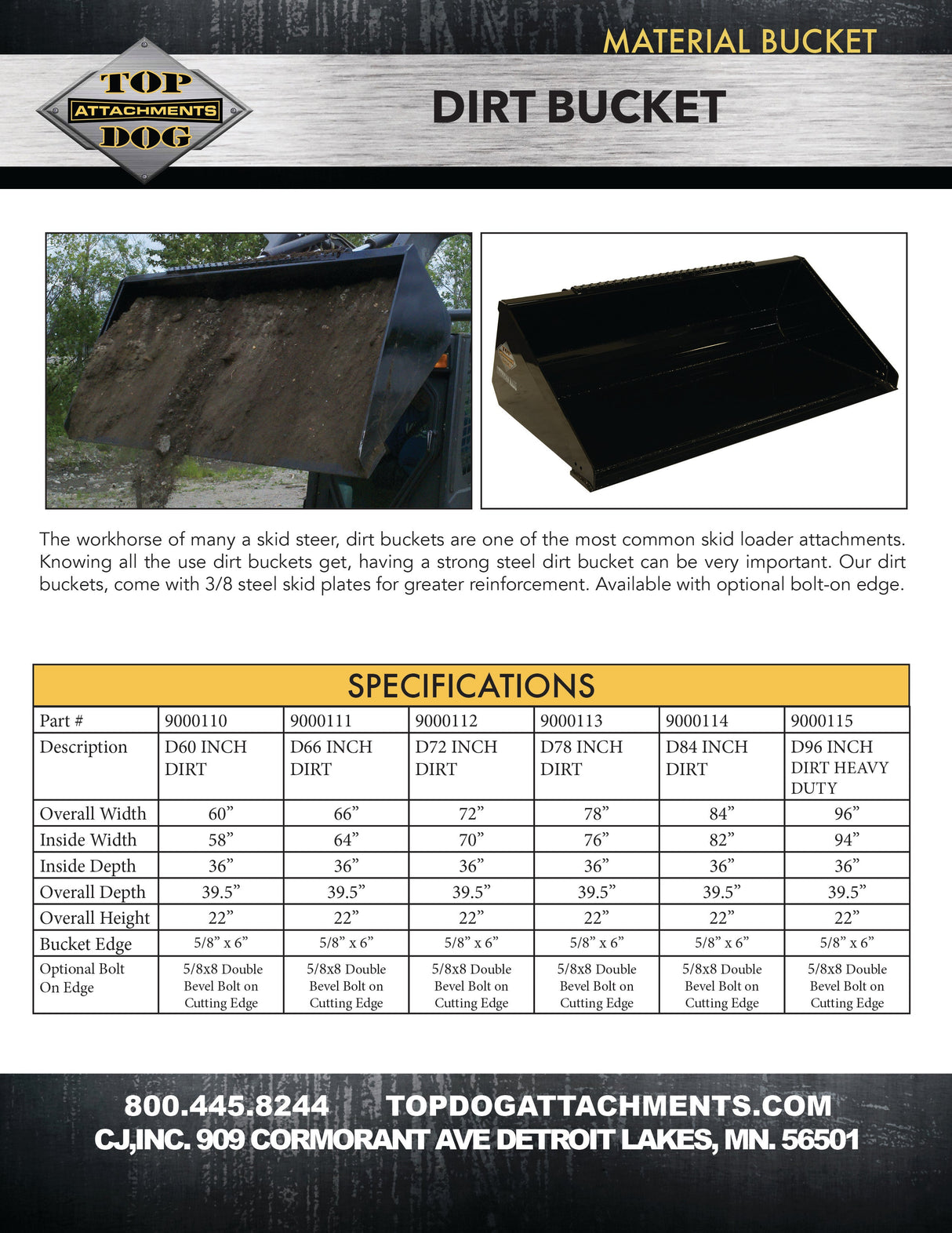 Top Dog Attachments 66" Dirt Bucket for Skid Steers, .554 cu yd Capacity — view 3