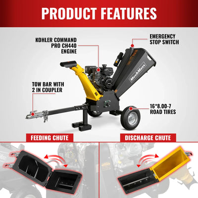 MechMaxx 5" 14HP 429cc KOHLER E-Start Gas Powered Wood Chipper, Model GS1500