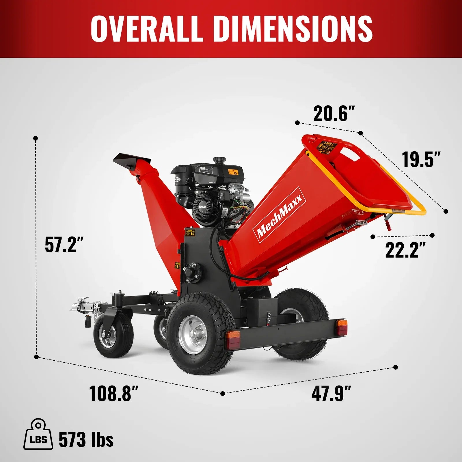 MechMaxx 6" 14HP 429cc KOHLER 4-Wheel Drum Wood Chipper with Taillight, Model B150