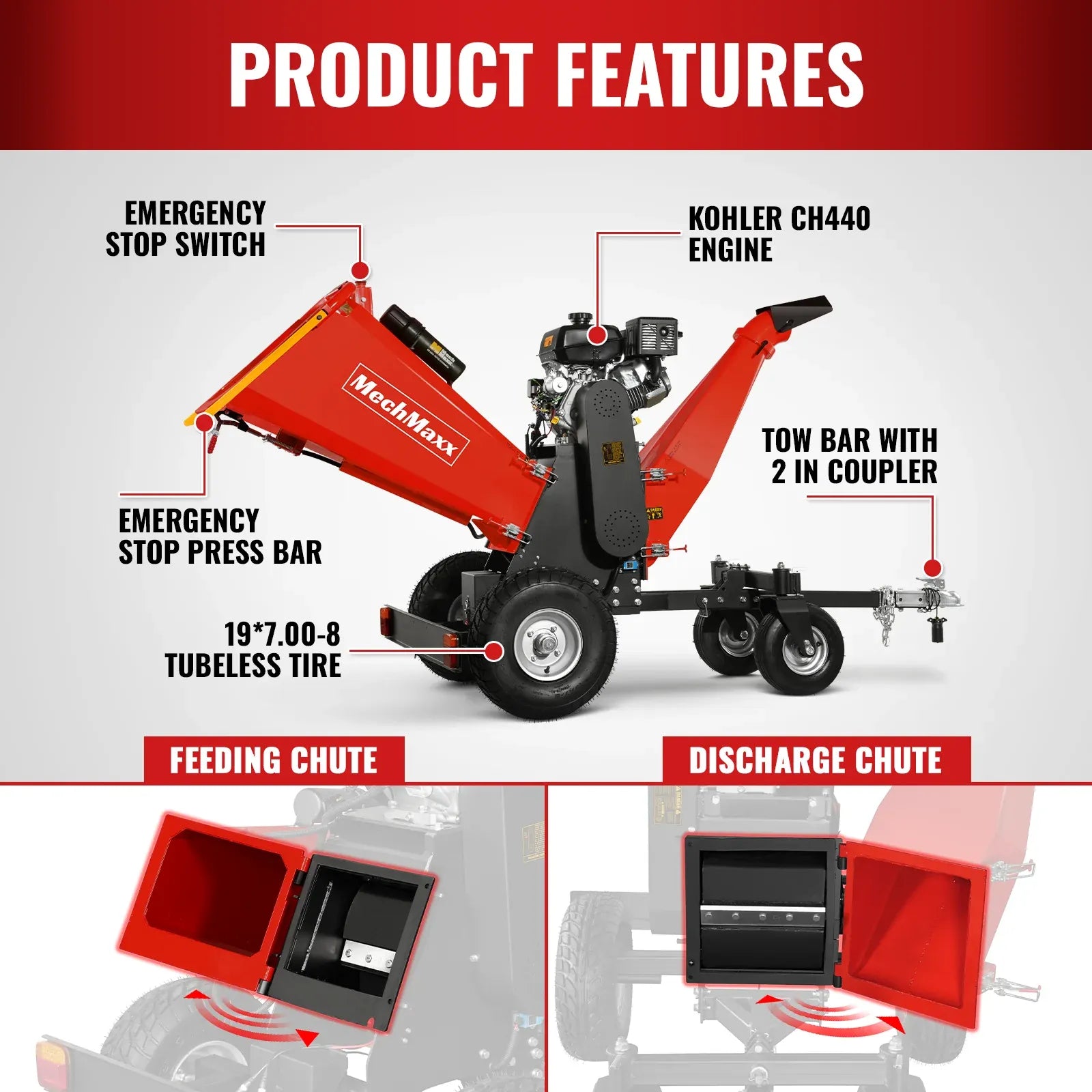 MechMaxx 6" 14HP 429cc KOHLER 4-Wheel Drum Wood Chipper with Taillight, Model B150