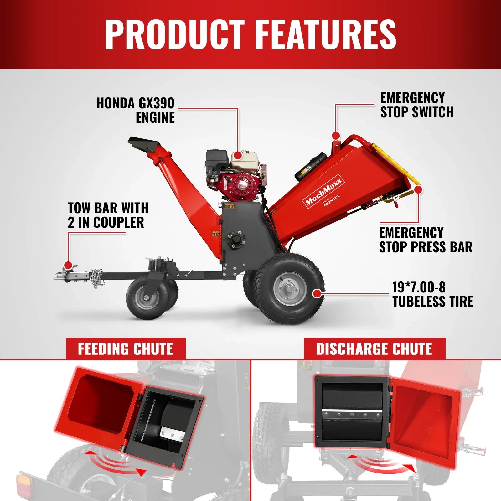MechMaxx 6" HONDA 688cc 22HP 4-Wheel Drum Wood Chipper with Taillight, Model B150