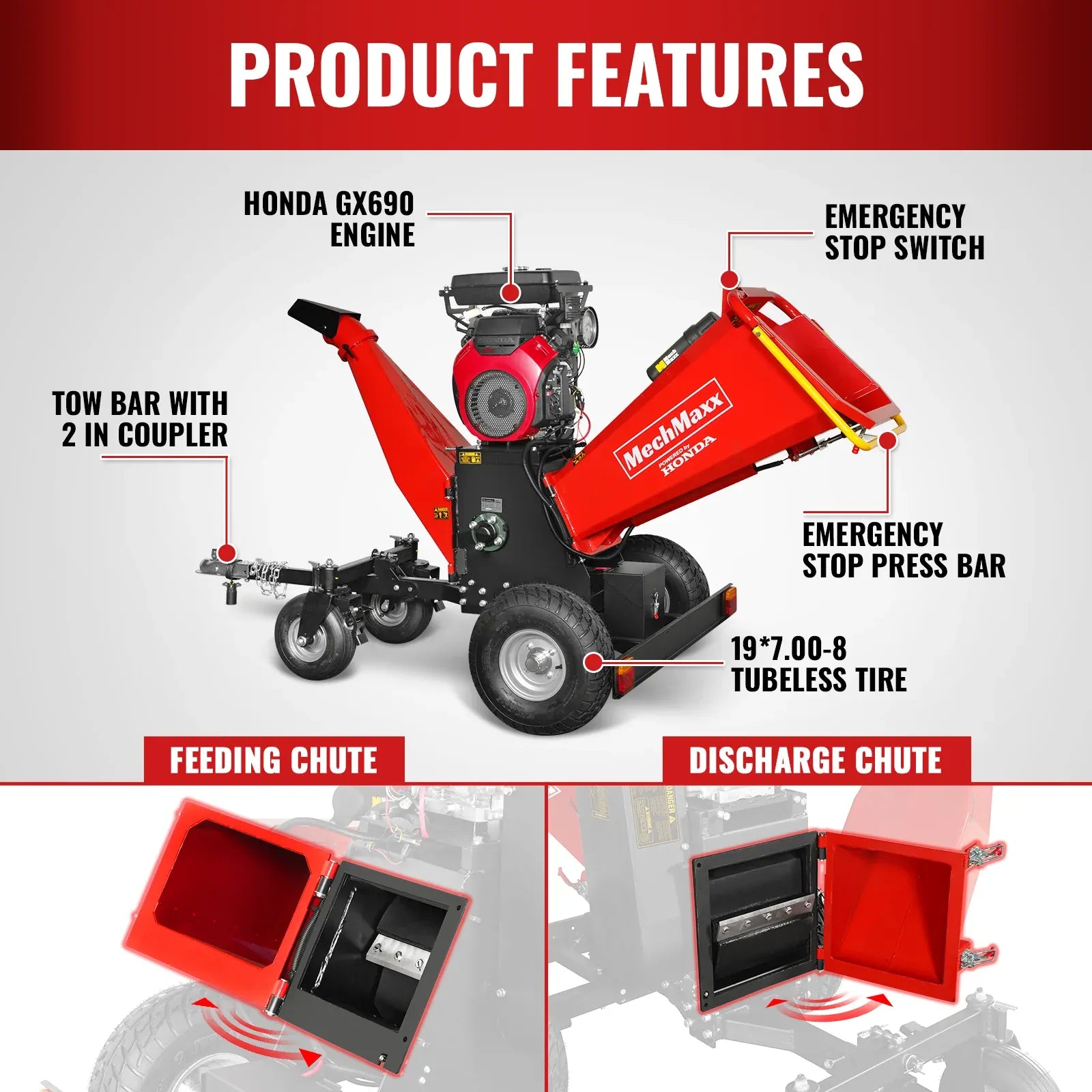 MechMaxx 8" HONDA 688cc 22HP 4-Wheel Drum Wood Chipper with Taillight, Model B200