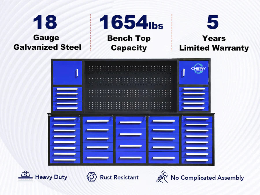 Chery Industrial 10ft Workbench Cabinet(40 Drawers, 2 Cabinets & 1 Pegboard) - WW000216