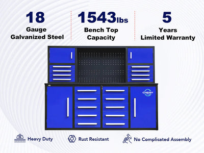 Chery Industrial 7 ft Garage Workbench Cabinet (18 Drawers & 4 Cabinets & Pegboard) - WW000204