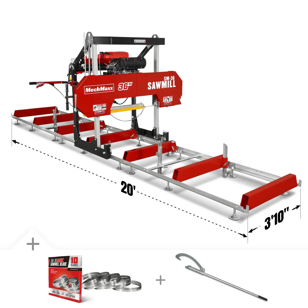 MechMaxx 36" MAX Portable Sawmill with 25HP 750cc ZONSEN V-Twin Engine, 35" Board Width, 20' Track Length with 10 Blades Included, Model SM-36MAX